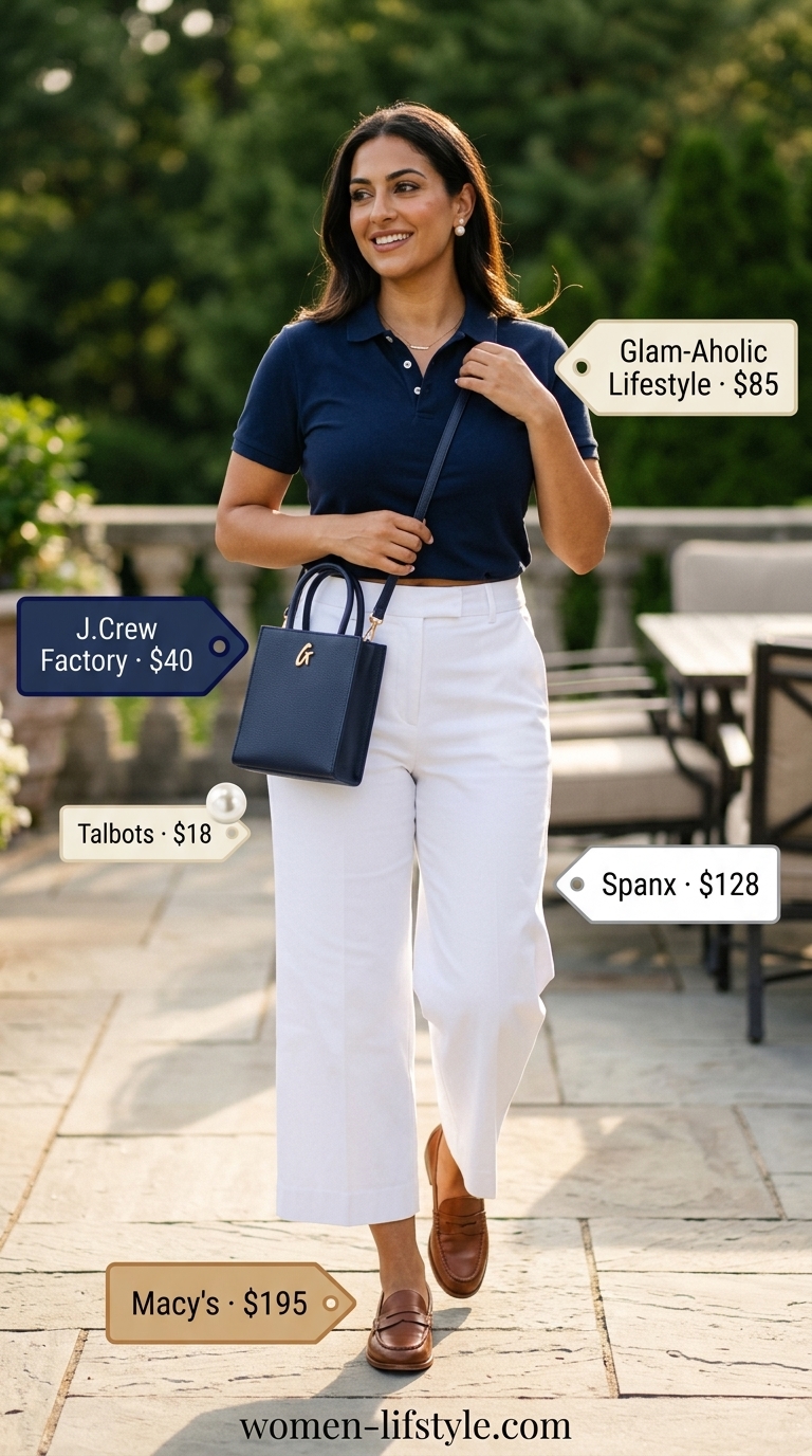 Preppy Summer Culottes 2026 White cropped summer tailored culottes for women 2026 with navy polo & loafers for a preppy summer gathering.