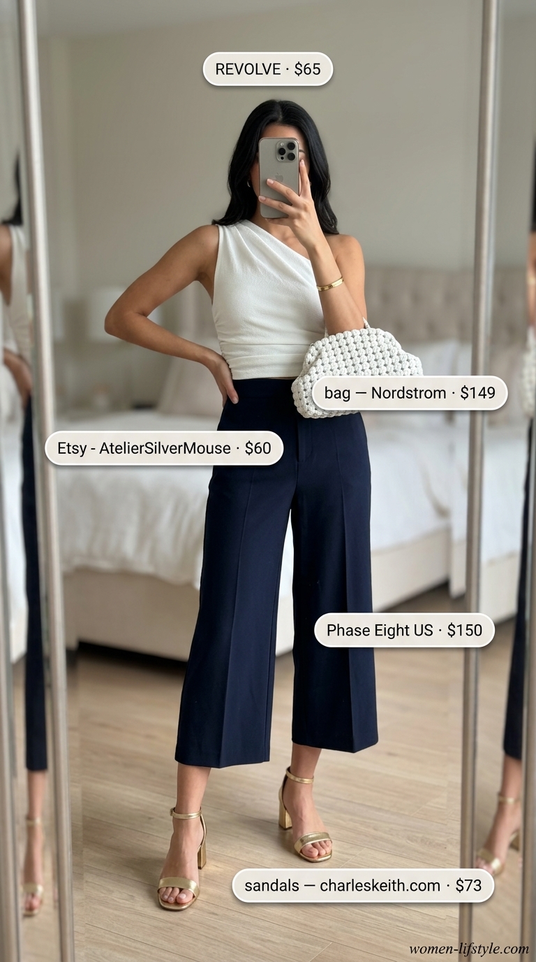 Resort Elegance Culottes 2026 Navy blue tailored cropped culottes for women 2026 with a white one-shoulder top and gold sandals for a resort dinner.