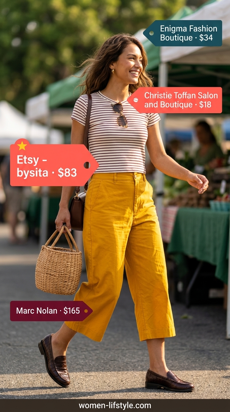 Retro Summer Stroll Culottes 2026 Mustard yellow tailored cropped culottes for women 2026 with a striped top and brown loafers for a casual stroll.