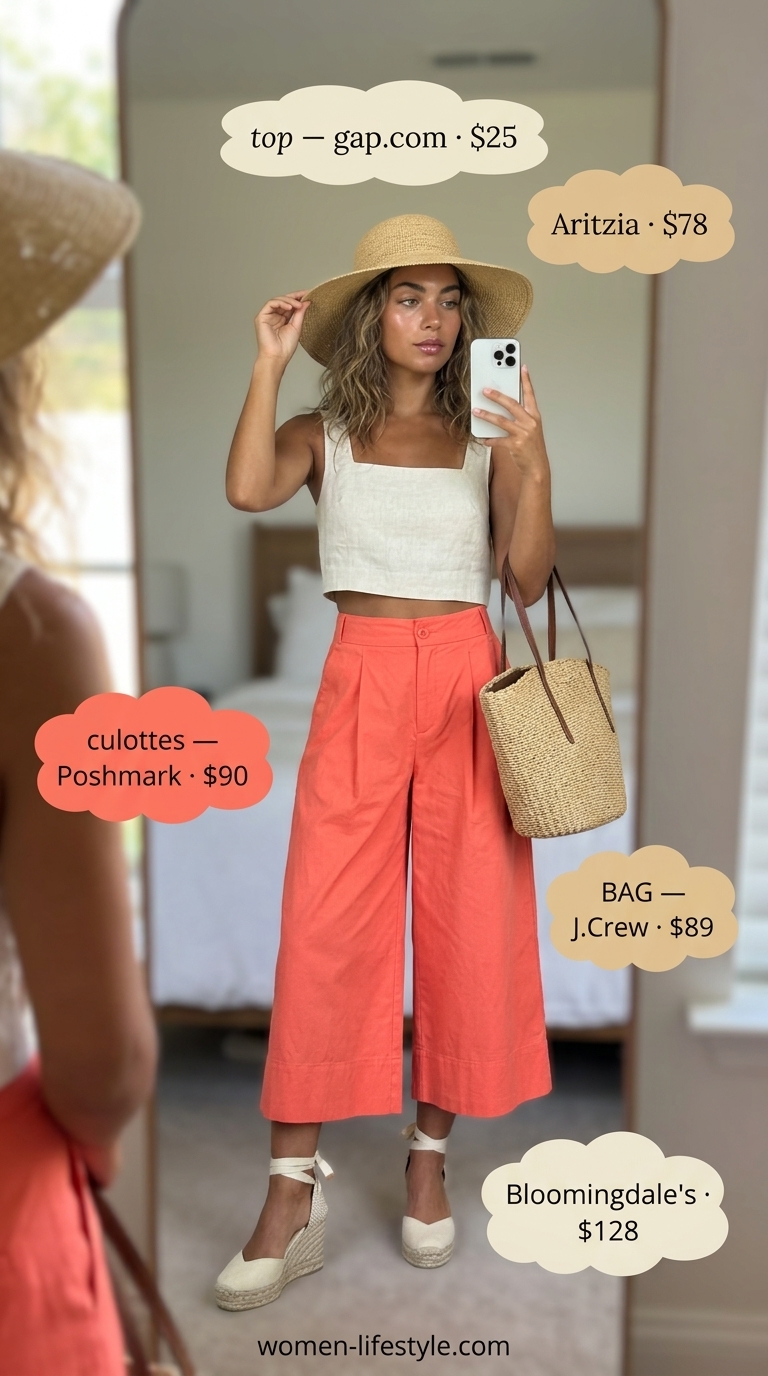 Tropical Vacation: Flowy Culottes 2026 Coral cropped summer tailored culottes for women 2026, styled with a white tank and straw accessories for a tropical vacation vibe.