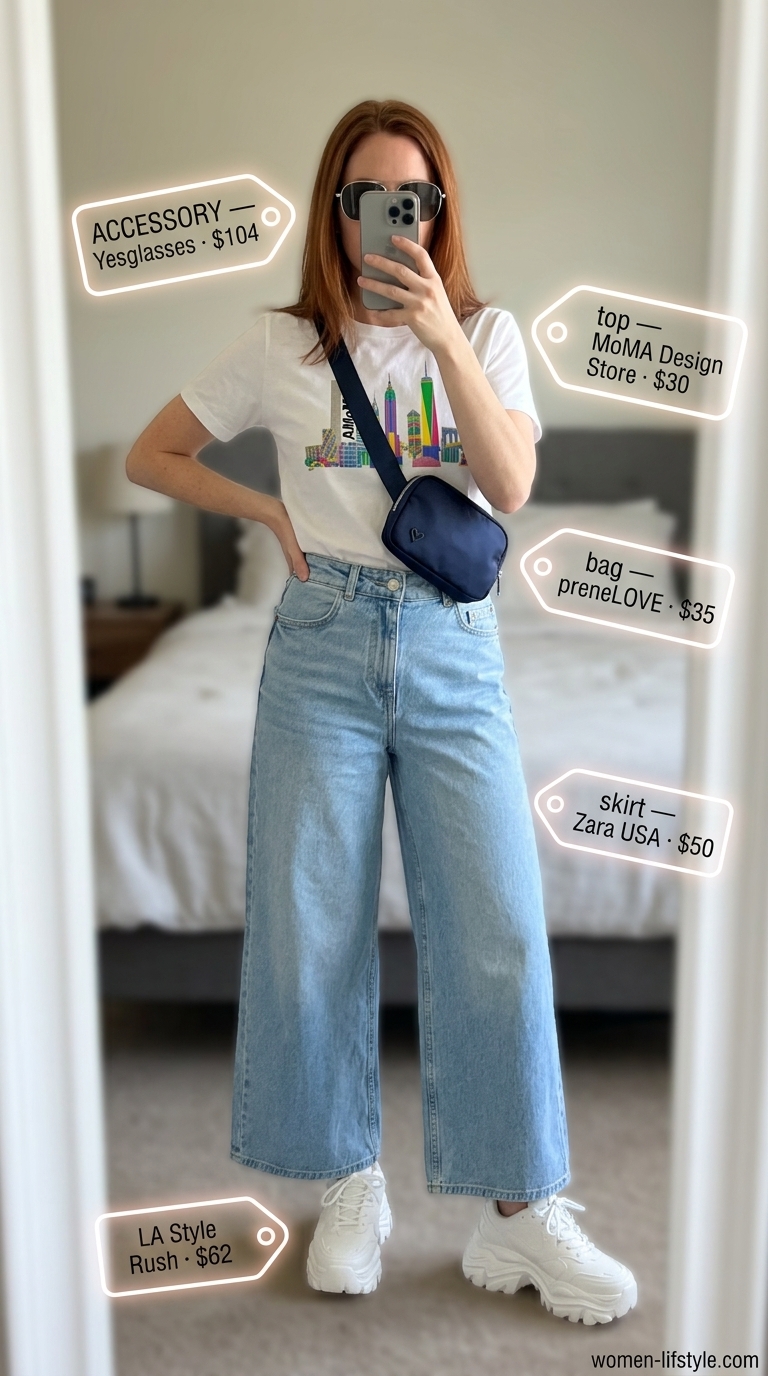 Urban Adventure Culottes 2026 Light blue denim cropped summer tailored culottes for women 2026 with graphic tee & sneakers for urban adventure.