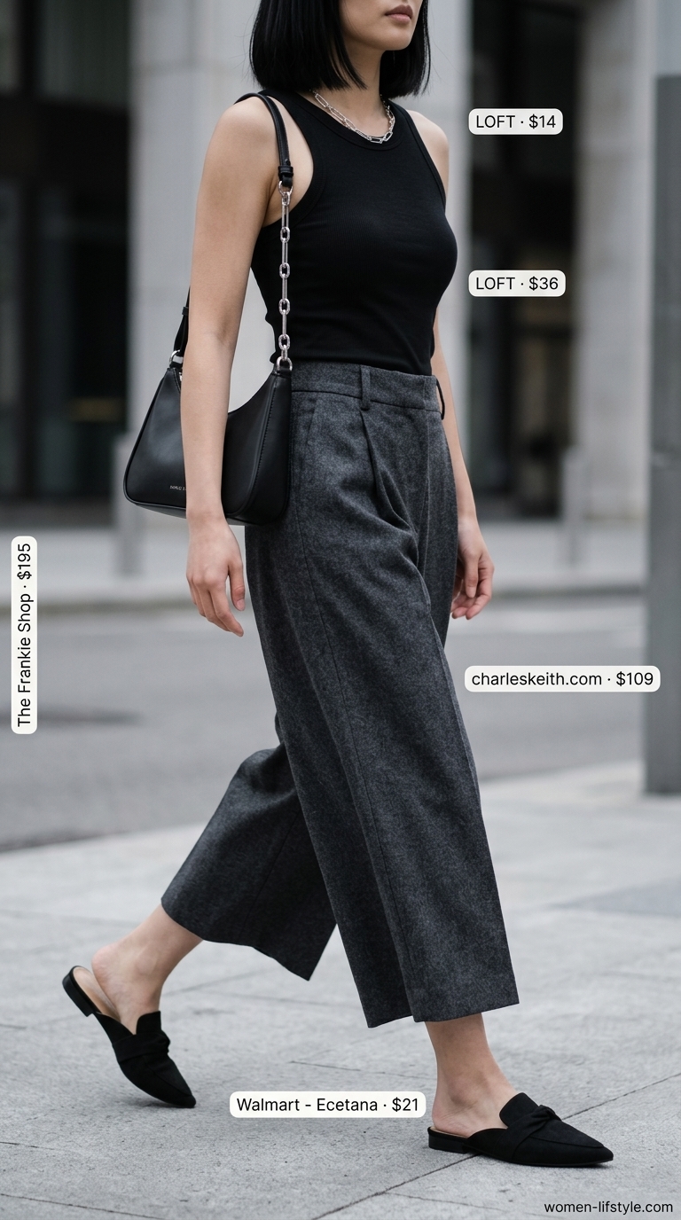 Urban Cool Culottes 2026 Charcoal grey tailored cropped culottes for women 2026 with a black tank top and mules for urban cool.