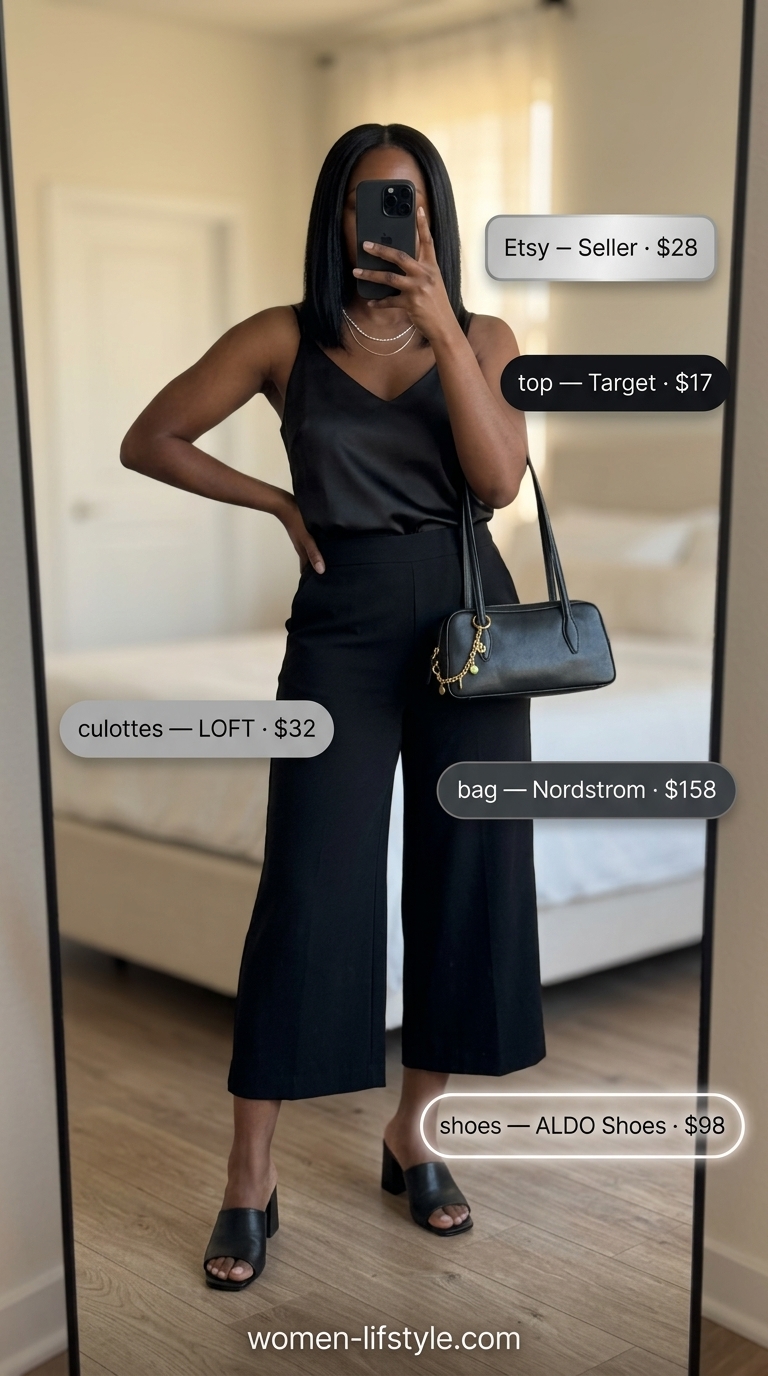 Sophisticated Culottes Outfit 2026 Charcoal grey cropped summer tailored culottes for women 2026 with black cami & mules for a sophisticated city look.