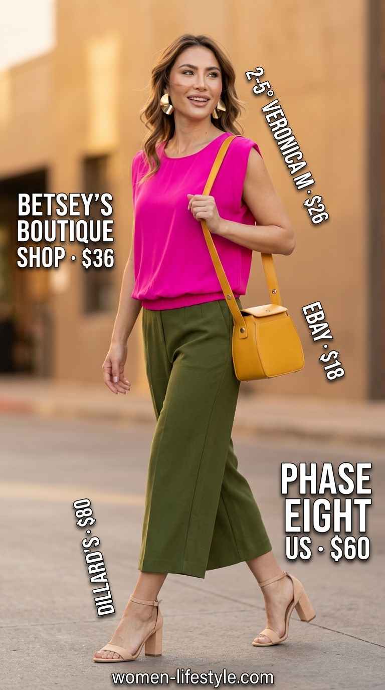 Bold Summer Statement Culottes 2026 Emerald green tailored cropped culottes for women 2026 with a fuchsia blouse and yellow bag for a summer party.