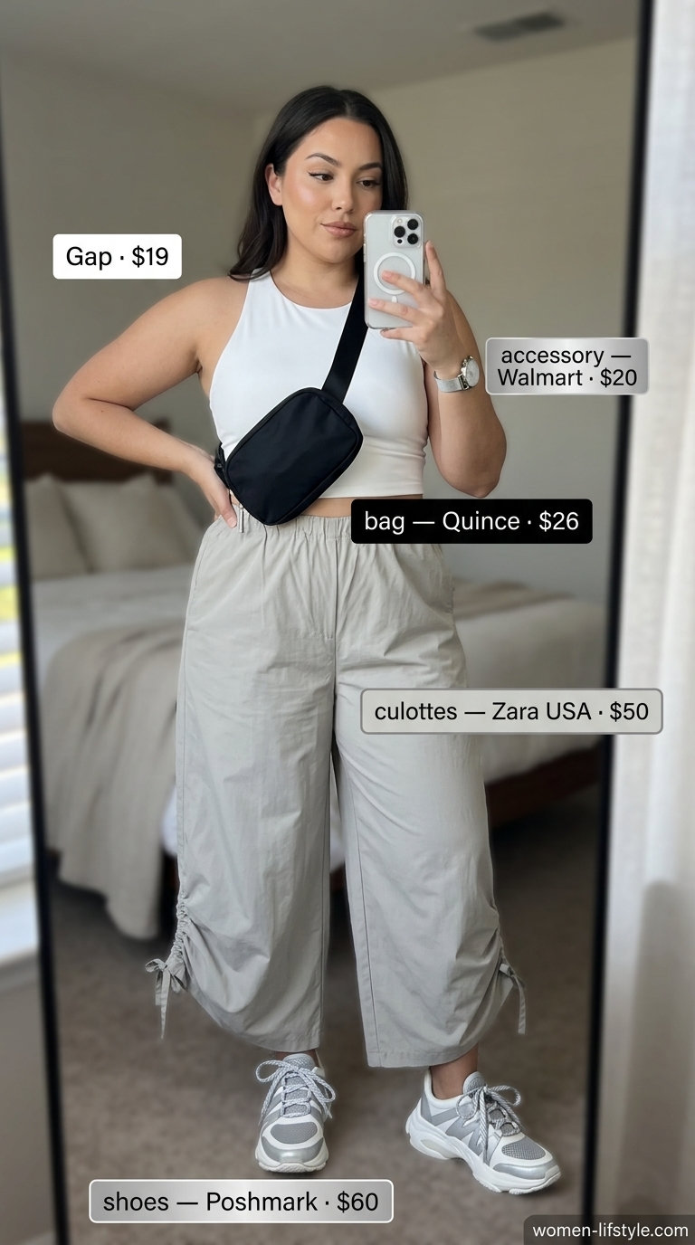 Weekend Getaway: Tailored Culottes 2026 Charcoal grey cropped summer tailored culottes for women 2026, paired with a white athletic tank and black belt bag for a dynamic weekend look.