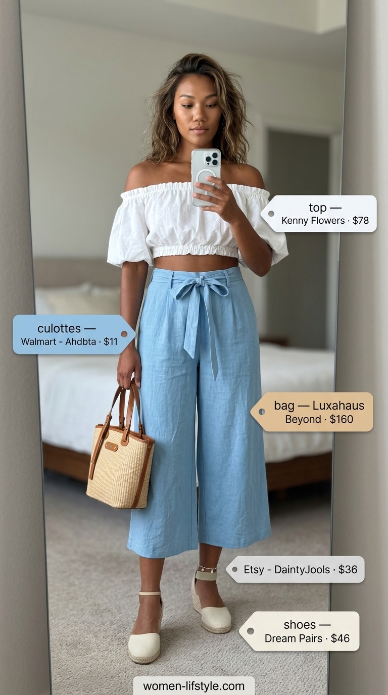 Sky blue cropped summer tailored culottes for women 2026, paired with a white off-the-shoulder top and raffia tote for a yacht club brunch.