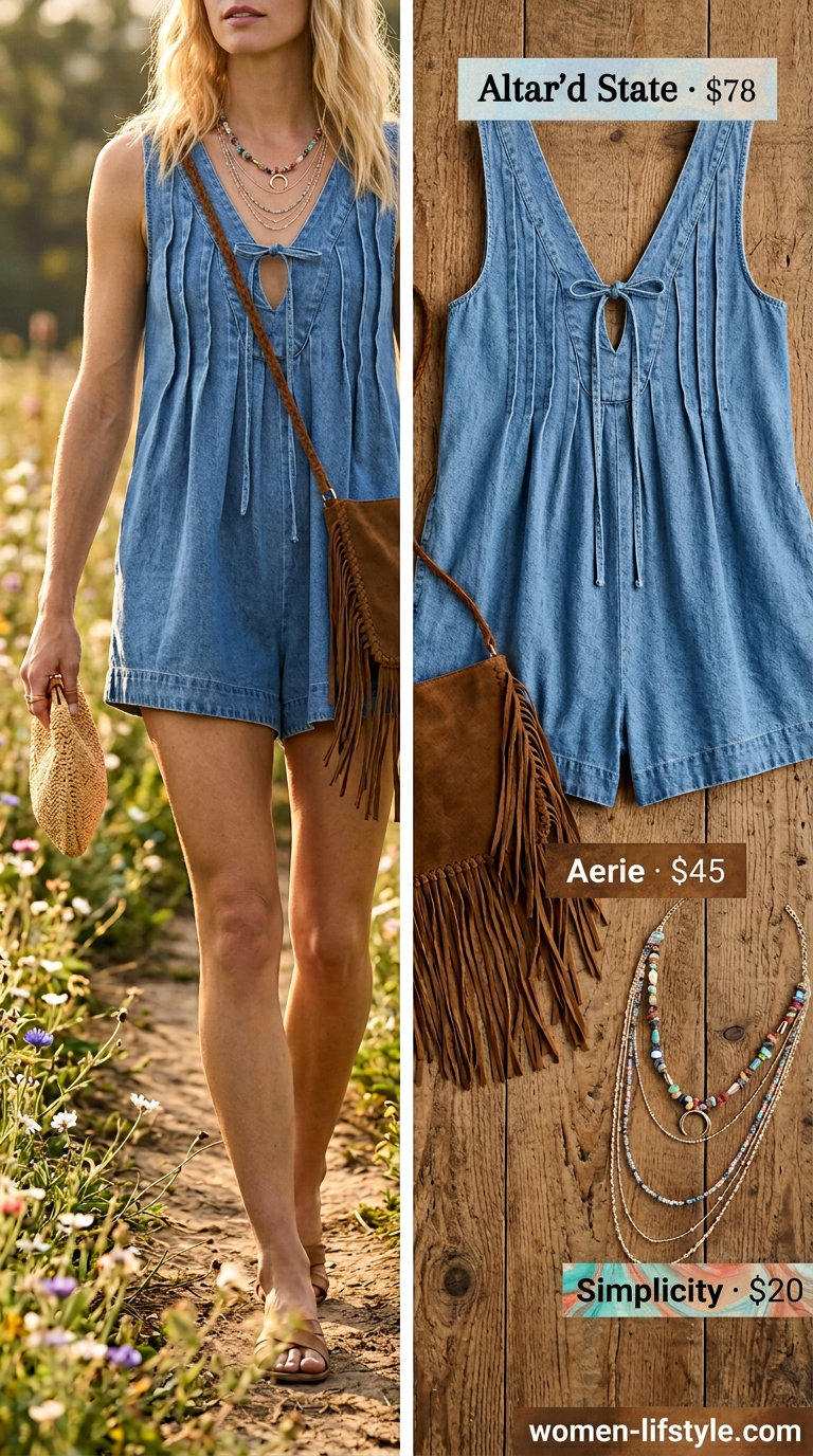 Light blue denim romper outfit for women 2026, perfect for music festivals or summer gatherings. Bohemian and relaxed.