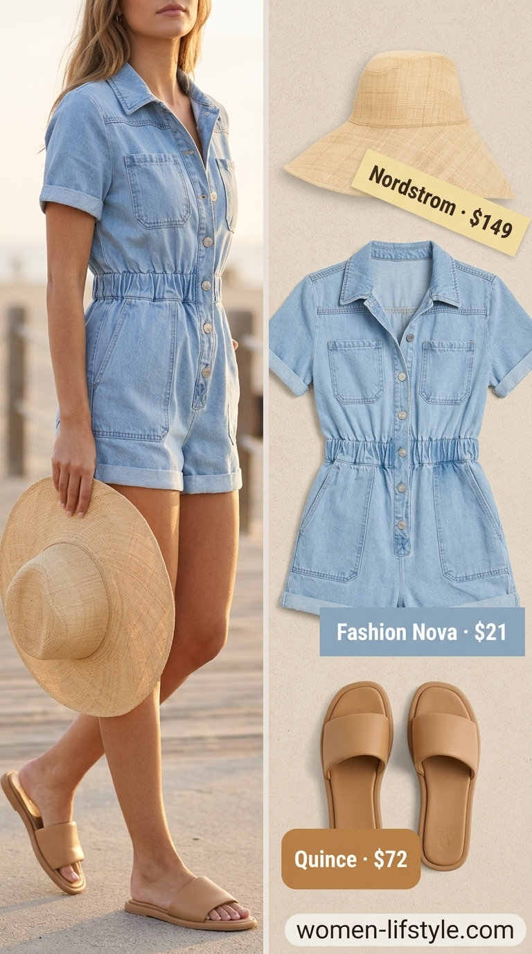 Light wash denim romper outfit for women 2026, perfect for beach days or summer vacation. Relaxed and breezy.