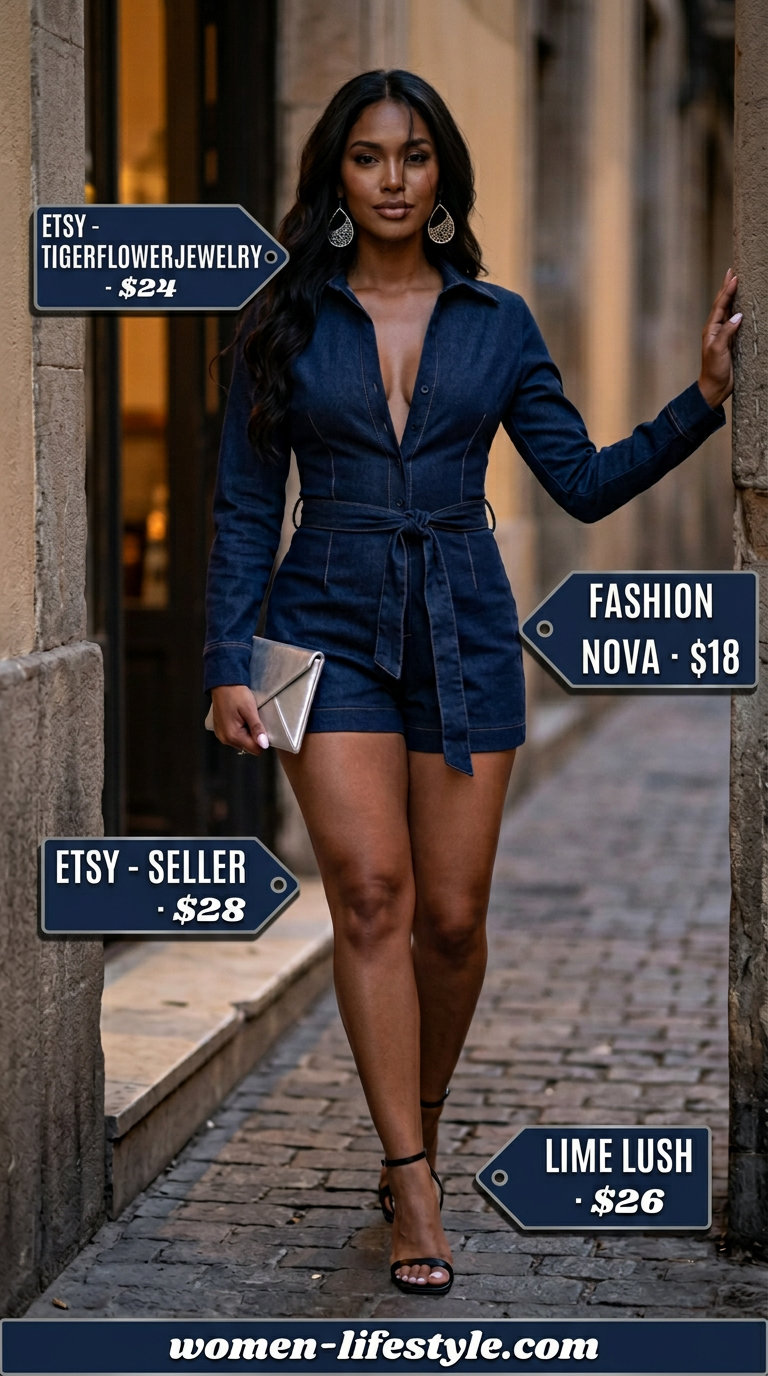 Dark wash denim romper outfit for women 2026, ideal for date night or dinner. Chic and edgy style.