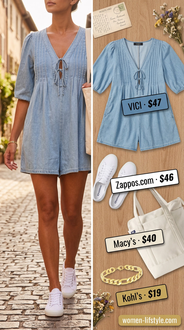 Medium wash denim romper outfit for women 2026, perfect for casual weekends or day trips. Relaxed and chic.