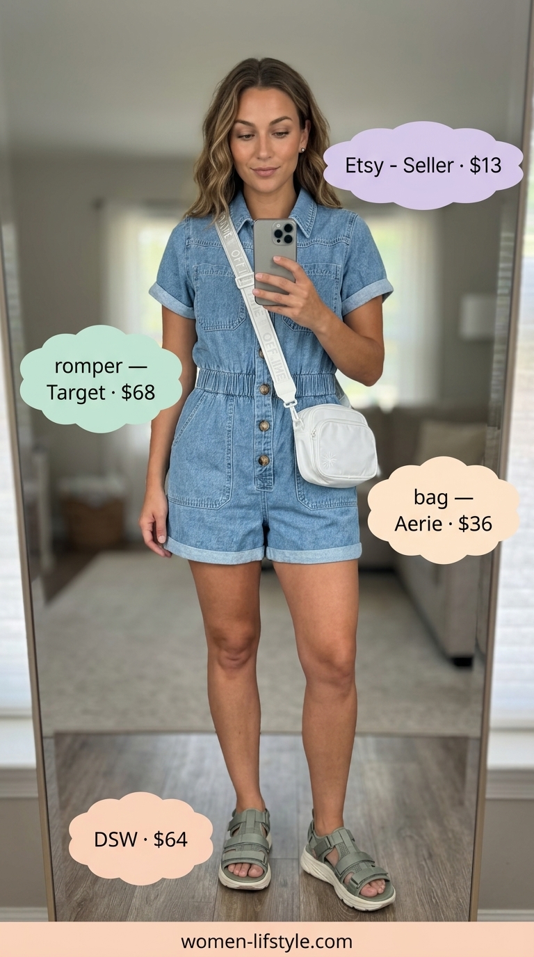 Medium wash denim romper outfit for women 2026, designed for an active summer day with sporty sandals.