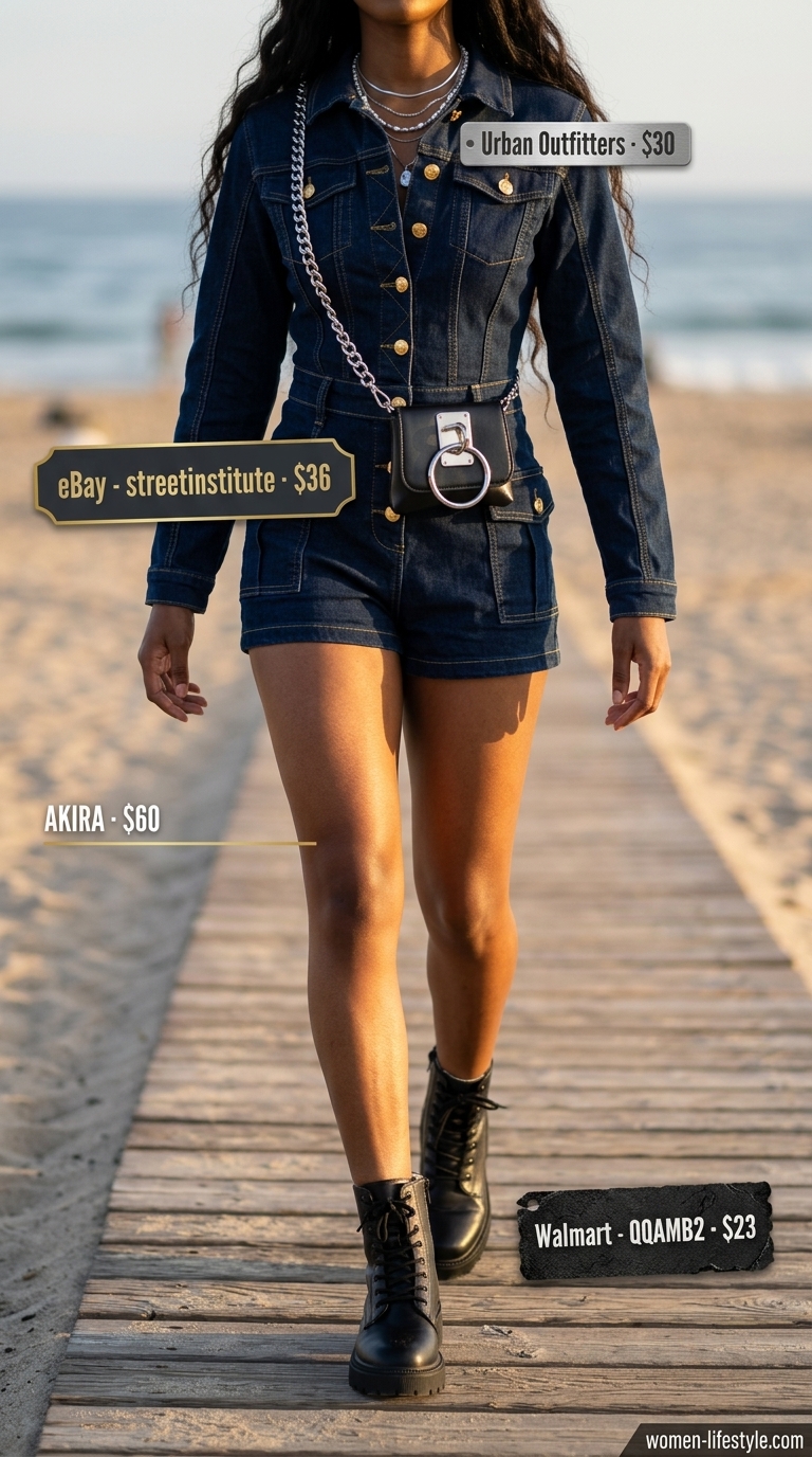 Denim summer romper outfits for women 2026: Dark wash denim romper with silver necklaces and black combat boots for a beach bonfire.