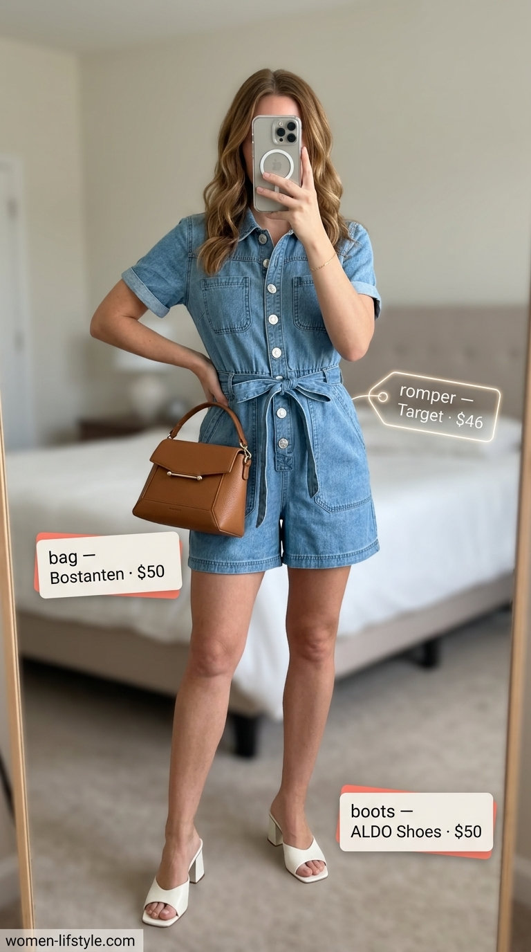 Light wash denim romper outfit for women 2026, styled for a chic and polished casual brunch date.