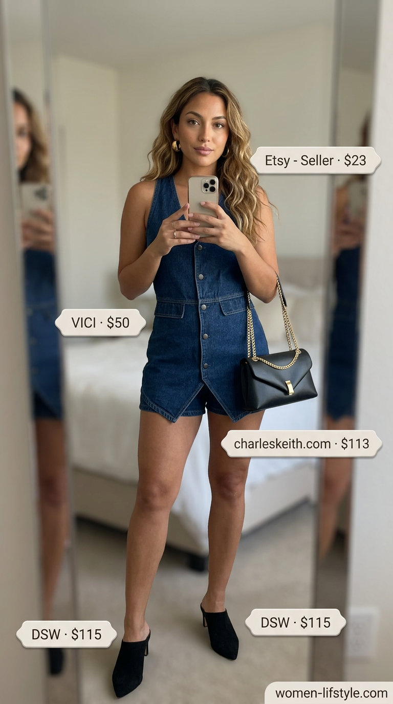 Denim summer romper outfits for women 2026: Dark wash wide-leg romper with black mules, gold hoops, and shoulder bag for date night.