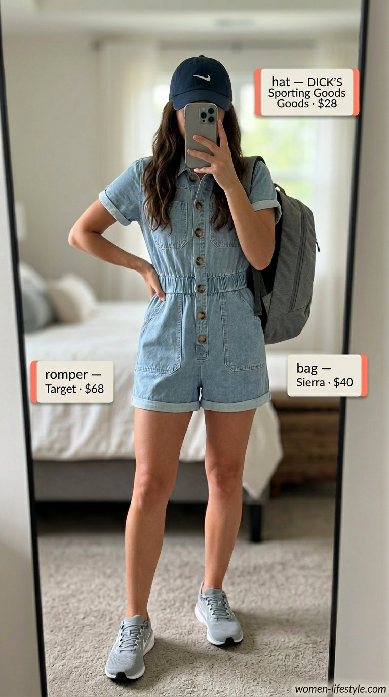 Mid-tone utility denim romper outfit for women 2026, ideal for city sightseeing and day trips.
