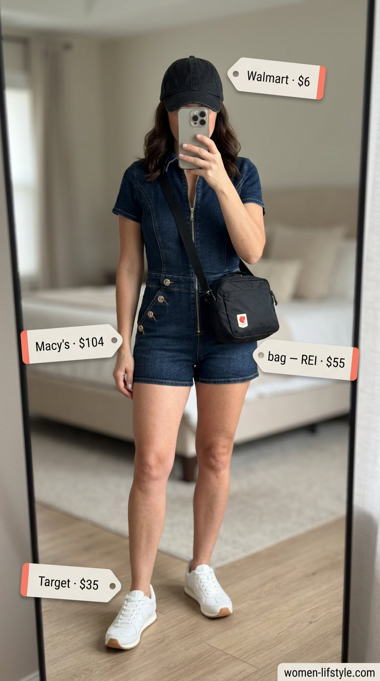 Dark wash utilitarian denim romper outfit for women 2026, great for city exploration and sightseeing.