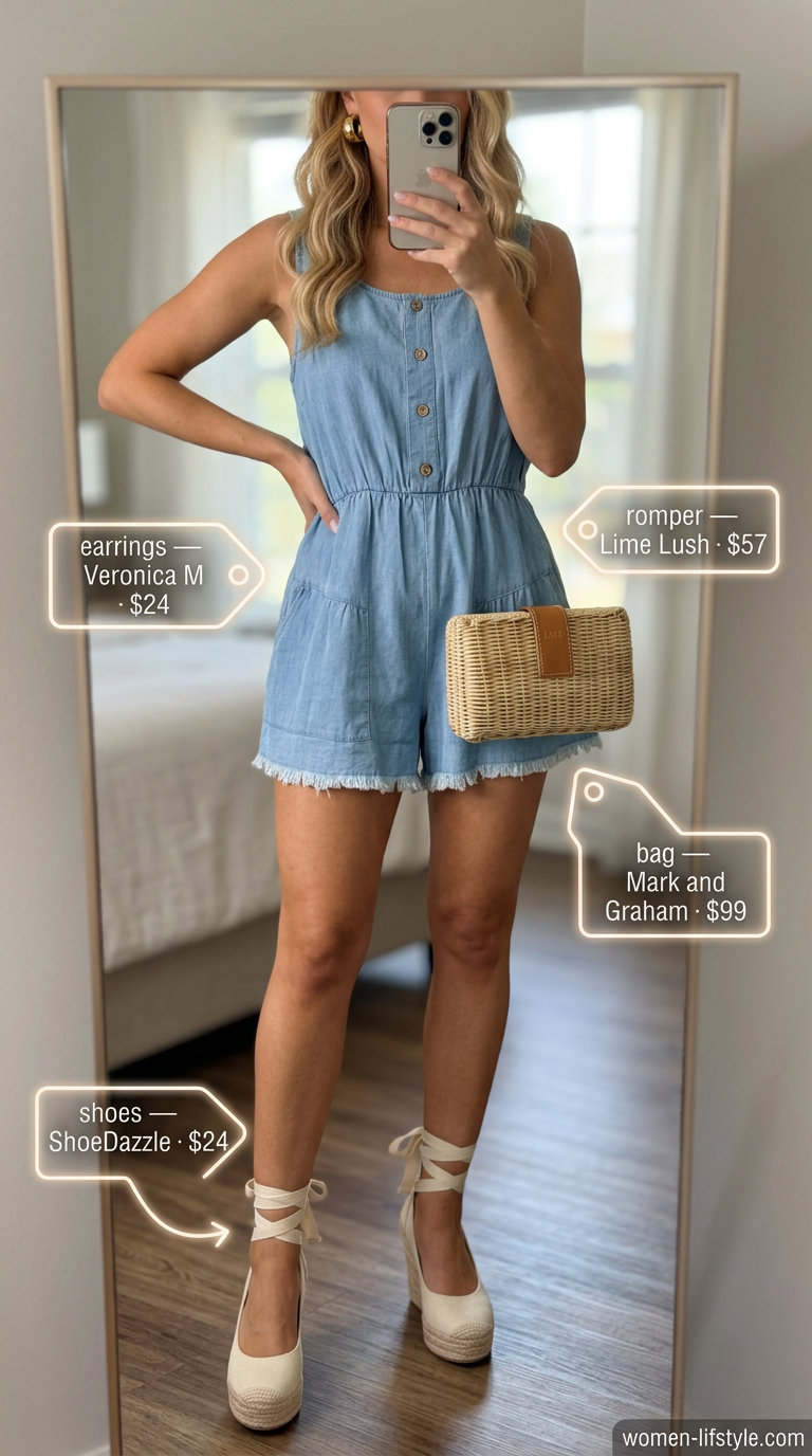 Chambray denim romper outfit for women 2026, perfect for a coastal evening walk or summer vacation.