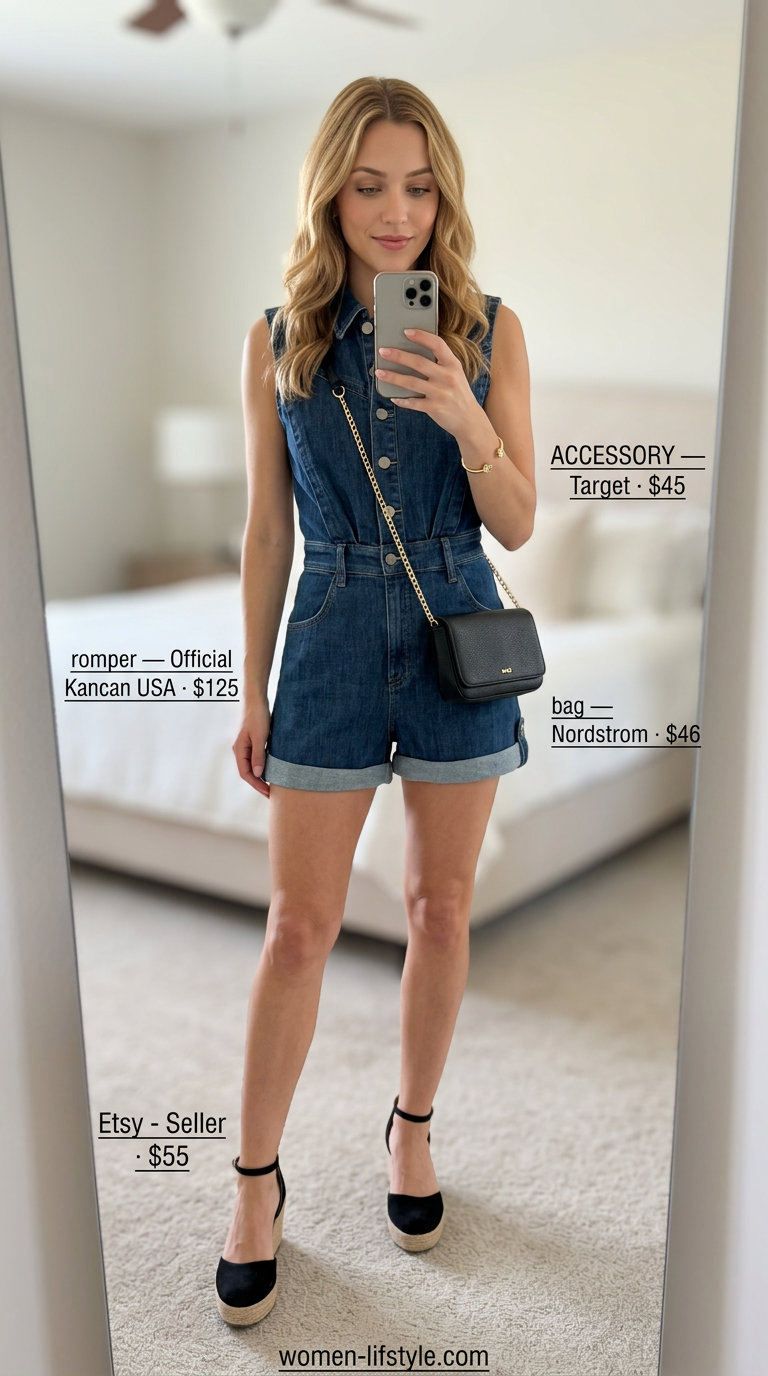 Dark wash denim romper outfit for women 2026, perfect for casual evening drinks or a dinner date.