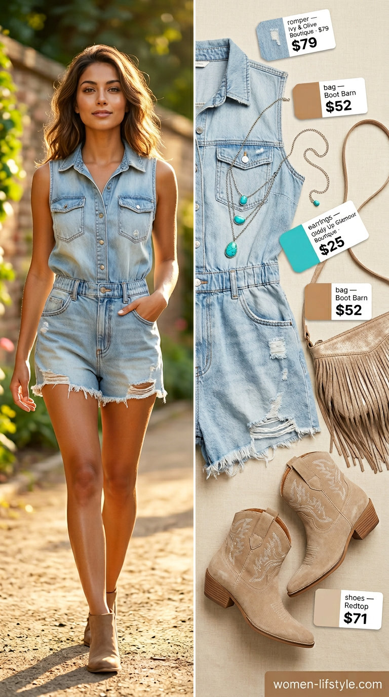 Denim summer romper outfits for women 2026: Distressed light wash denim romper with tan cowboy boots and turquoise jewelry for festivals.
