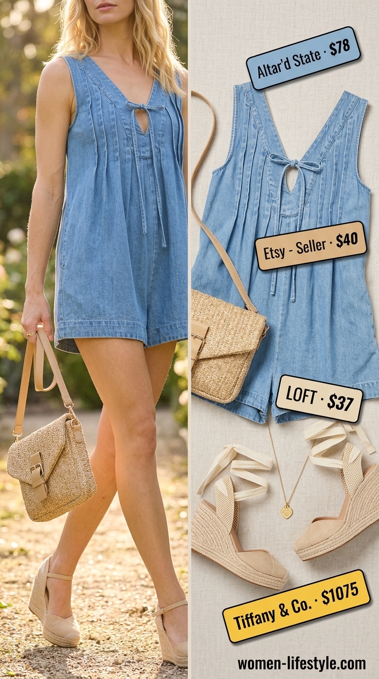 Denim summer romper outfits for women 2026: Light wash tie-front romper with espadrilles, gold necklace, and straw bag for garden parties.