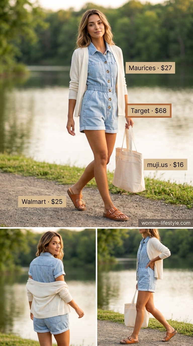 Denim summer romper outfits for women 2026: Medium wash romper with cream cardigan, grey slides, and canvas tote for cozy mornings.