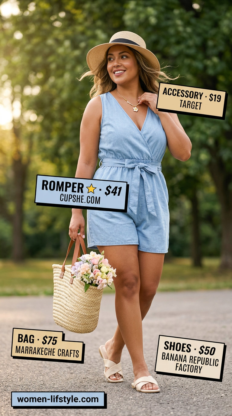 Denim summer romper outfits for women 2026: Light wash sleeveless romper with cream slides, straw hat, and tote for park picnics.