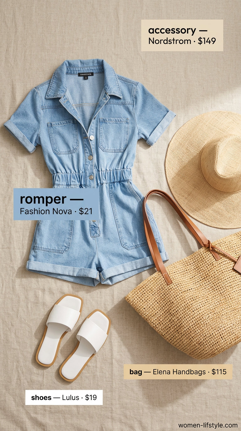 Denim summer romper outfits for women 2026: Light blue denim romper as a beach cover-up with white slides, straw hat, and oversized tote.