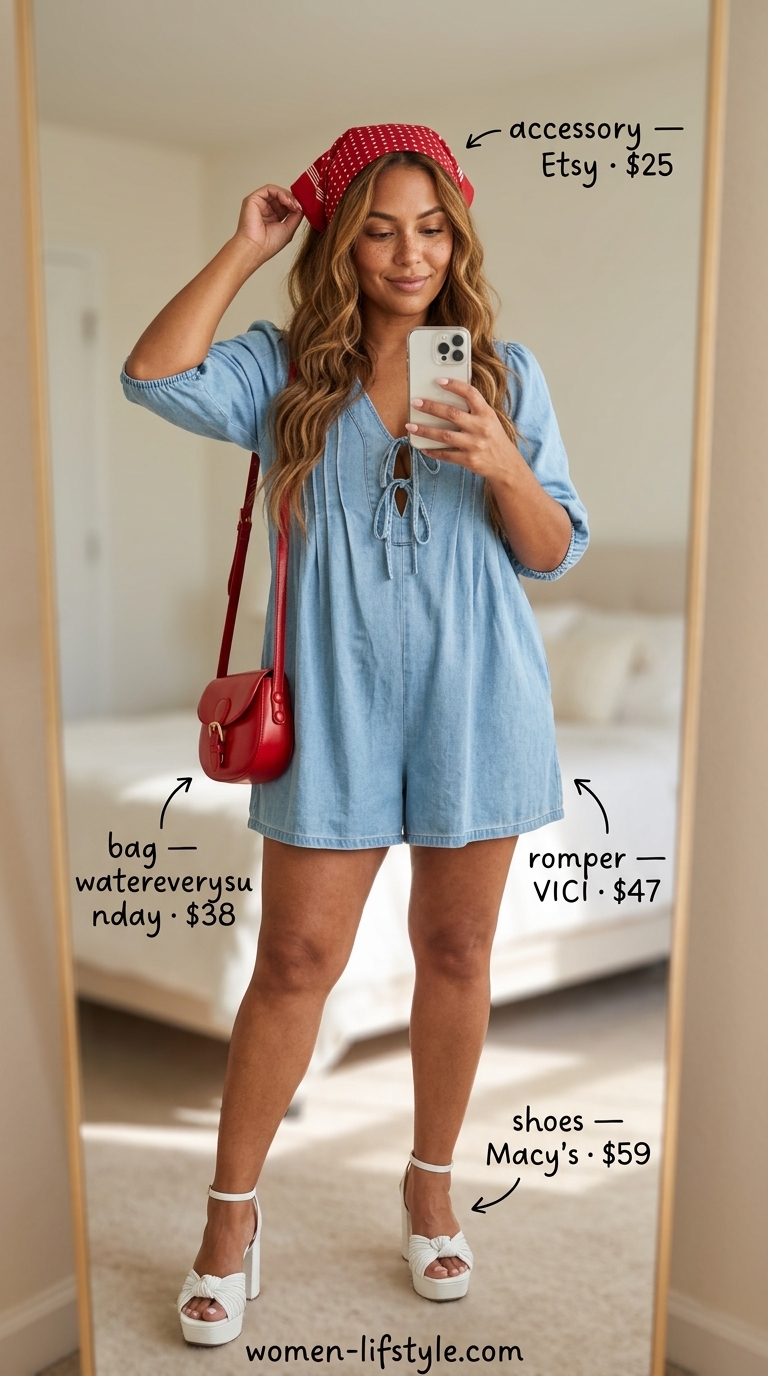 Medium wash denim romper outfit for women 2026, styled with retro vibes for a fun summer outing.