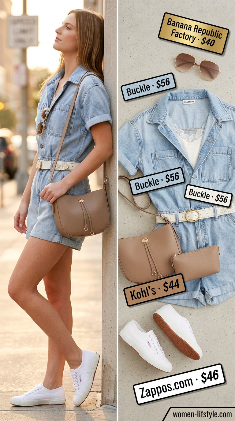 Medium wash denim romper outfit for women 2026, ideal for a relaxed road trip or weekend errands.