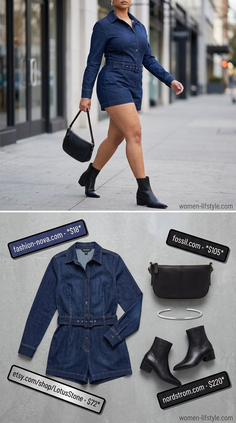 Denim summer romper outfits for women 2026: Dark wash structured romper with black ankle boots and silver bracelet for urban outings.