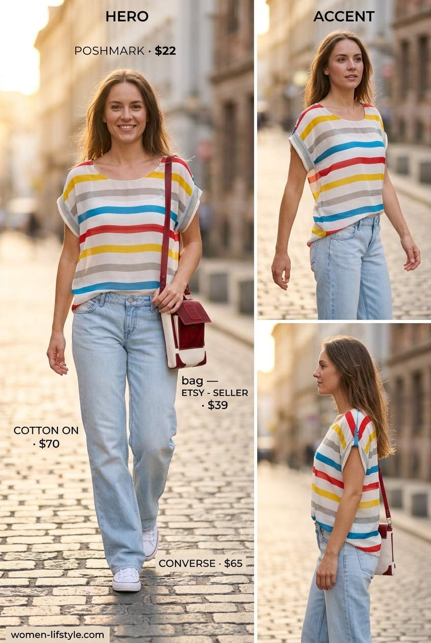 Styling mistake: Wearing low-waist jeans with a striped crop top and sneakers. Avoid this look for a balanced outfit.