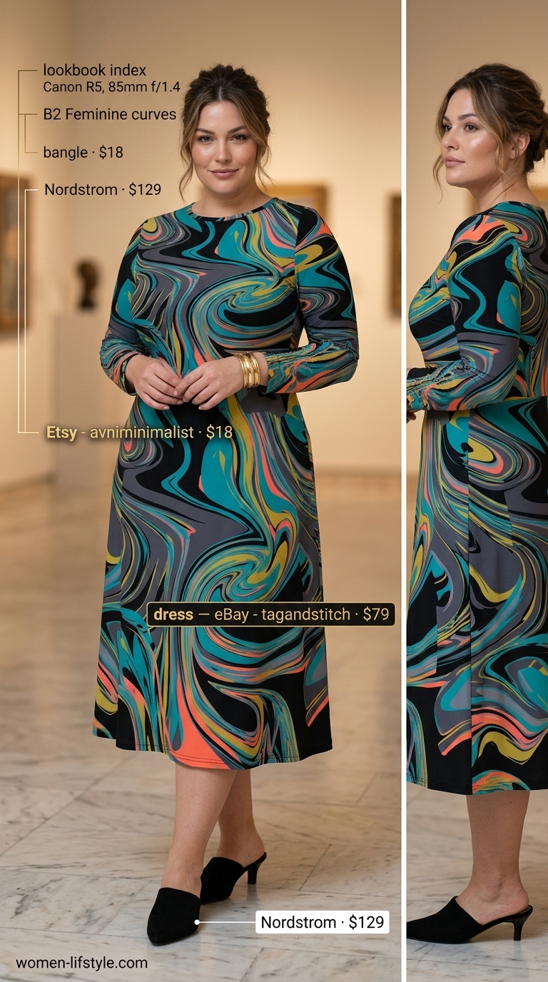 Dressy plus size women summer outfits 2026: Teal abstract print midi dress for gallery opening. Bold and artistic.