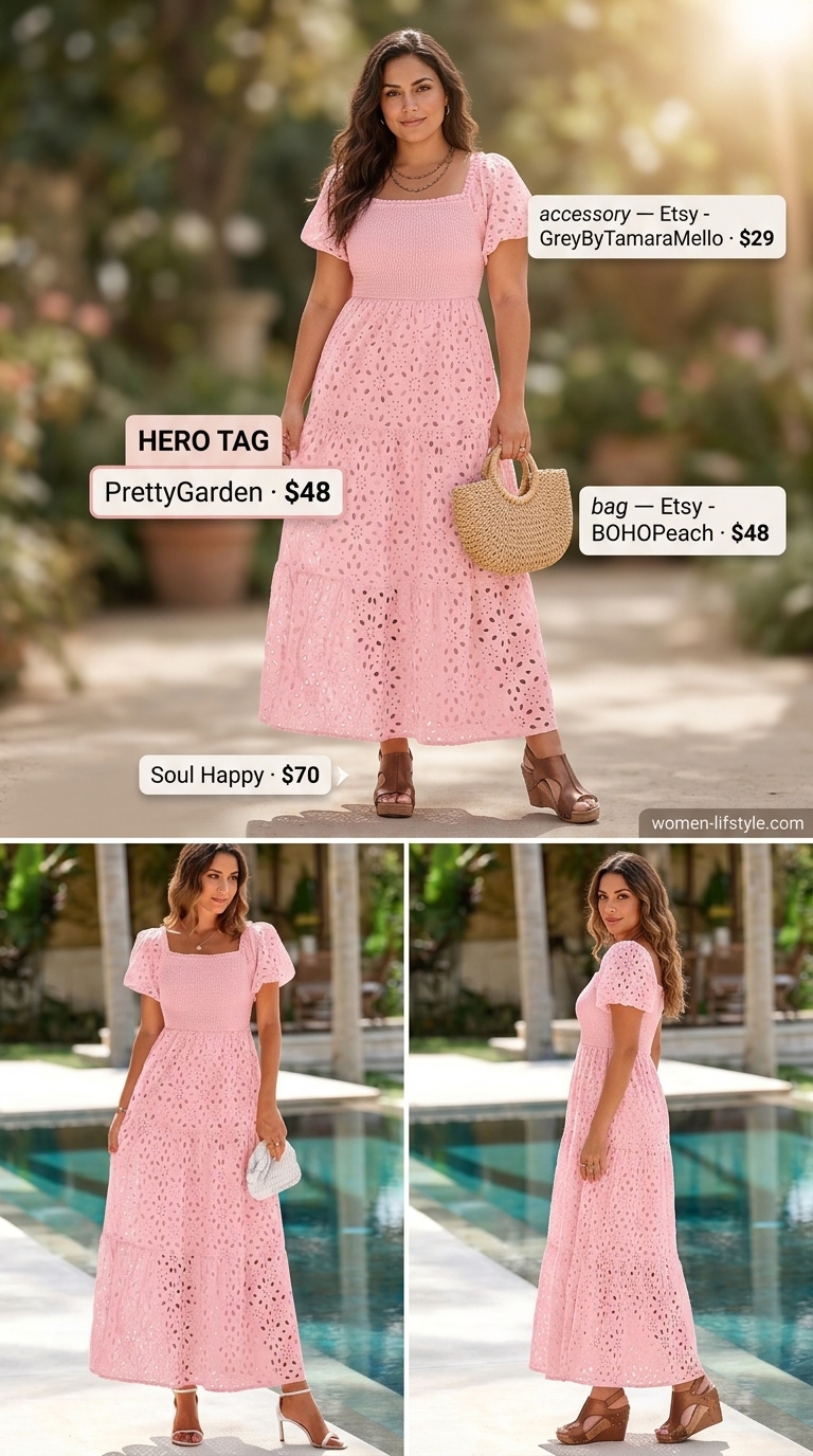 Romantic plus size blush pink floral eyelet maxi dress for a bohemian garden party 2026.