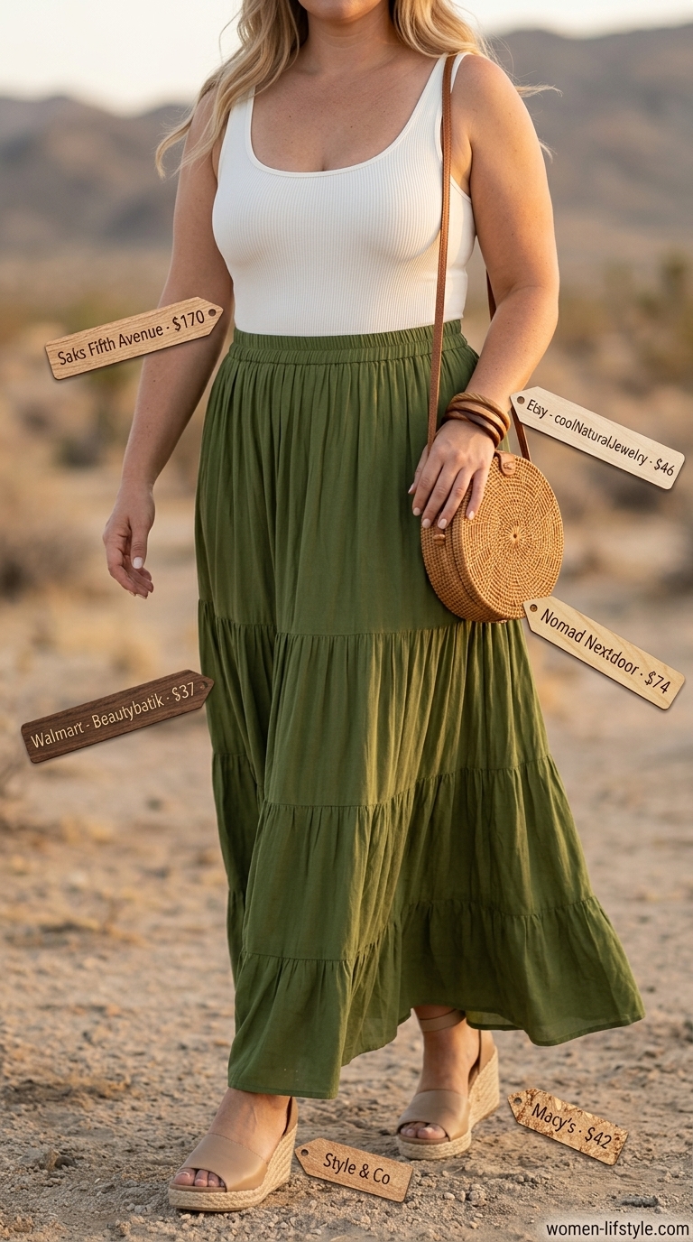 Plus size tiered maxi skirt outfit for a boho event 2026. Olive green, ivory, wood tones.