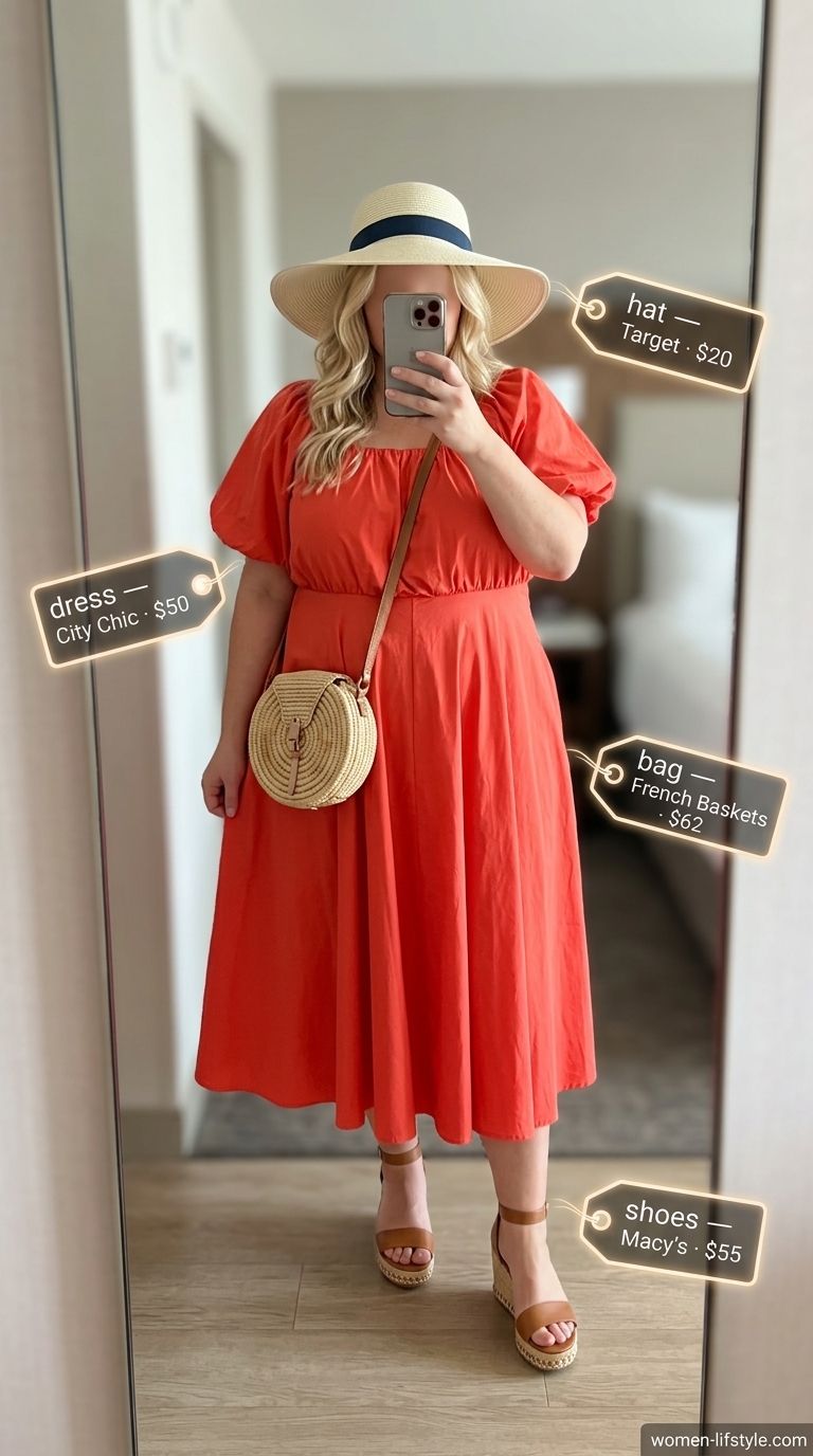 Plus size coral wrap dress for a vibrant brunch outfit 2026. Coral, tan, cream.