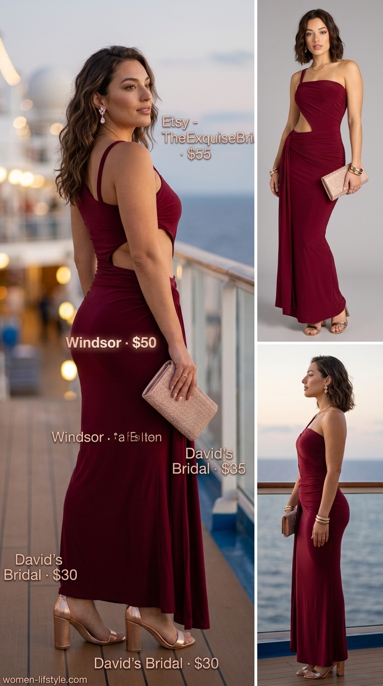 Romantic plus size burgundy one-shoulder maxi dress for a sunset cruise chic outfit 2026.