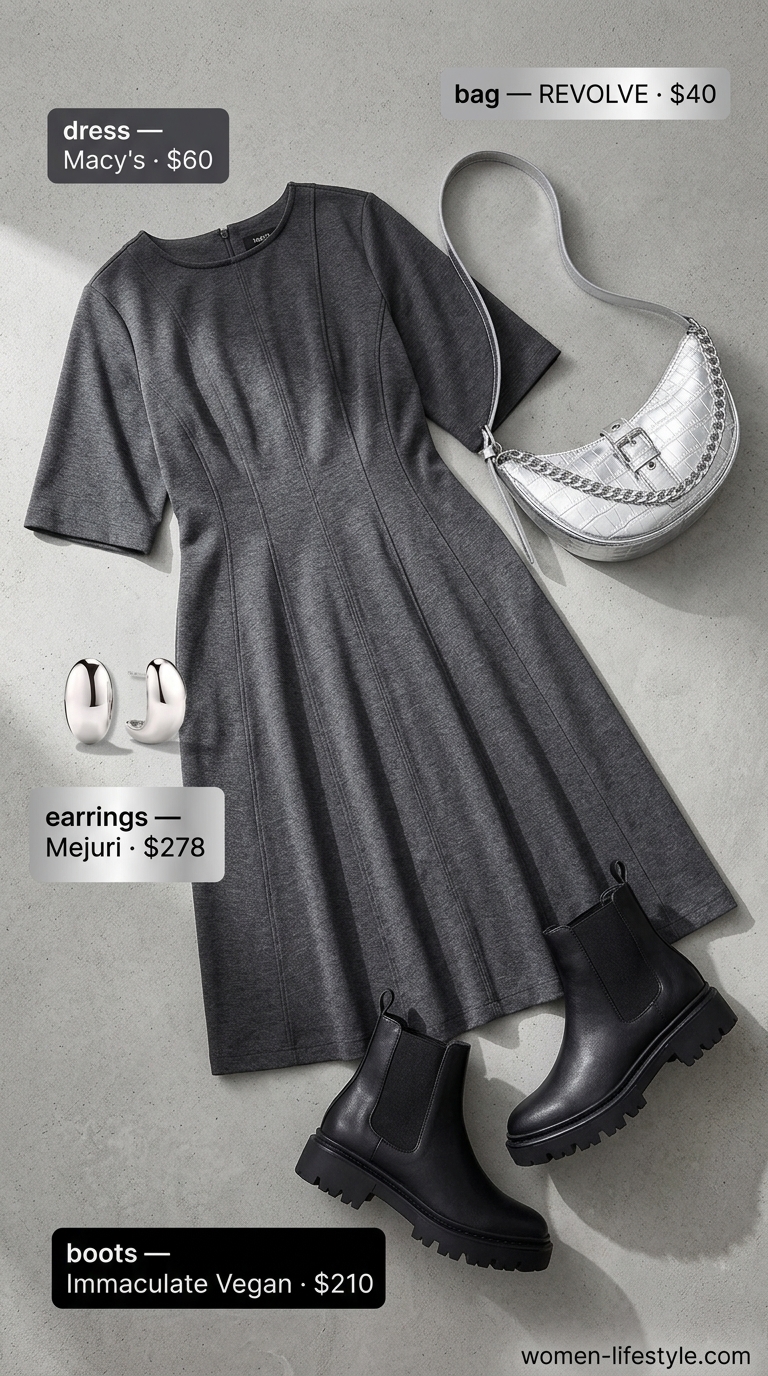 Edgy plus size charcoal gray midi dress for a modern museum visit outfit 2026.