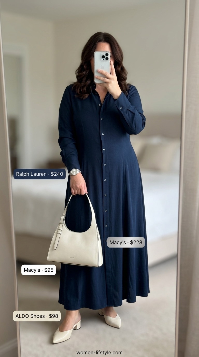 Plus size shirt dress for a polished daytime professional outfit 2026. Navy and white.