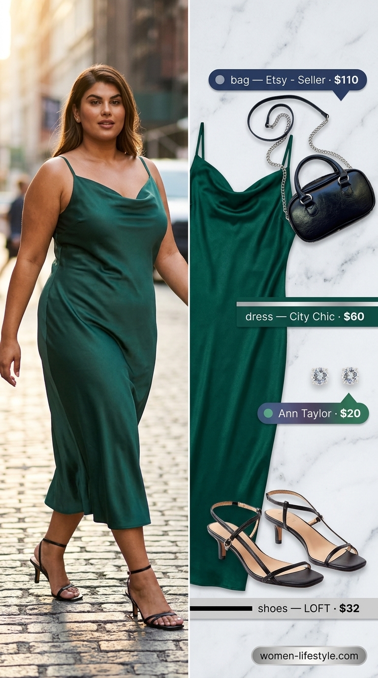 Plus size emerald green satin slip dress for a summer wedding guest outfit 2026. Emerald green, black, silver.