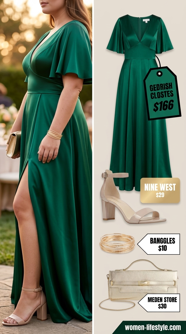 Dressy plus size women summer outfits 2026: Emerald green satin maxi dress for summer wedding guest. Elegant and regal.