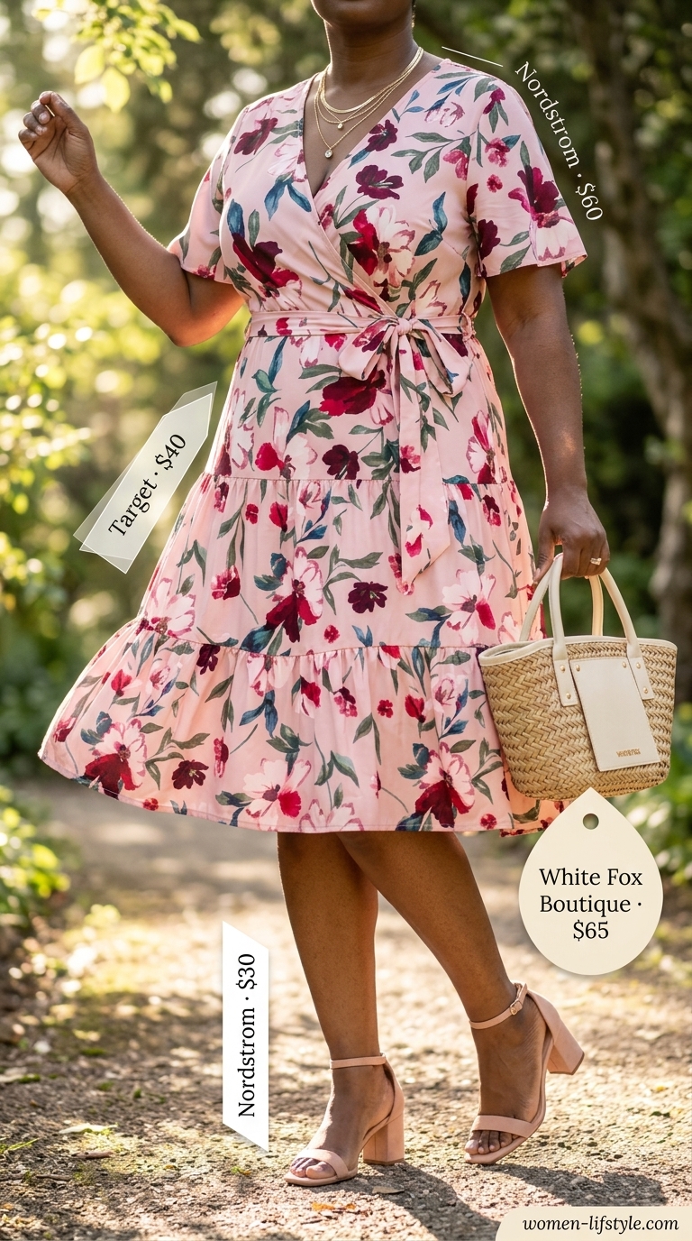 Plus size floral midi dress for a romantic garden party outfit 2026. Soft pink, green, cream, gold.