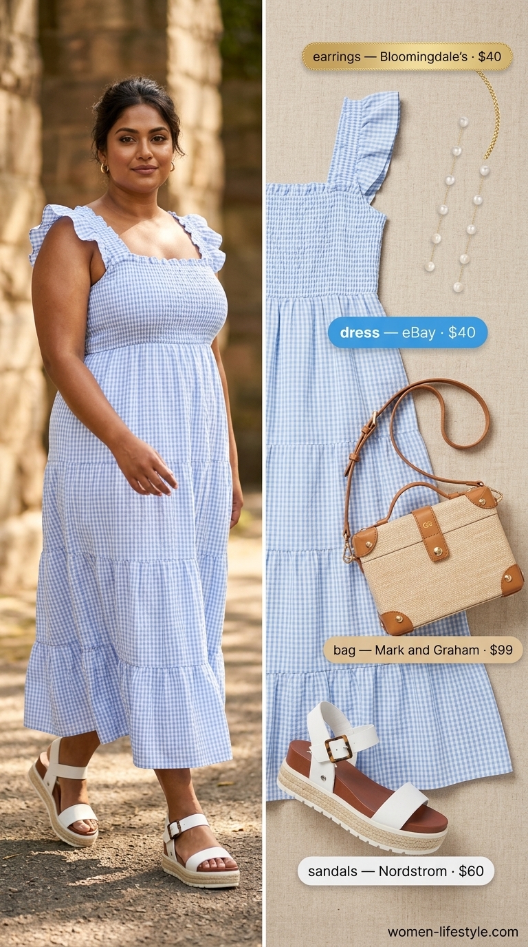 Charming plus size sky blue gingham tiered maxi dress for a lakeside luncheon 2026.