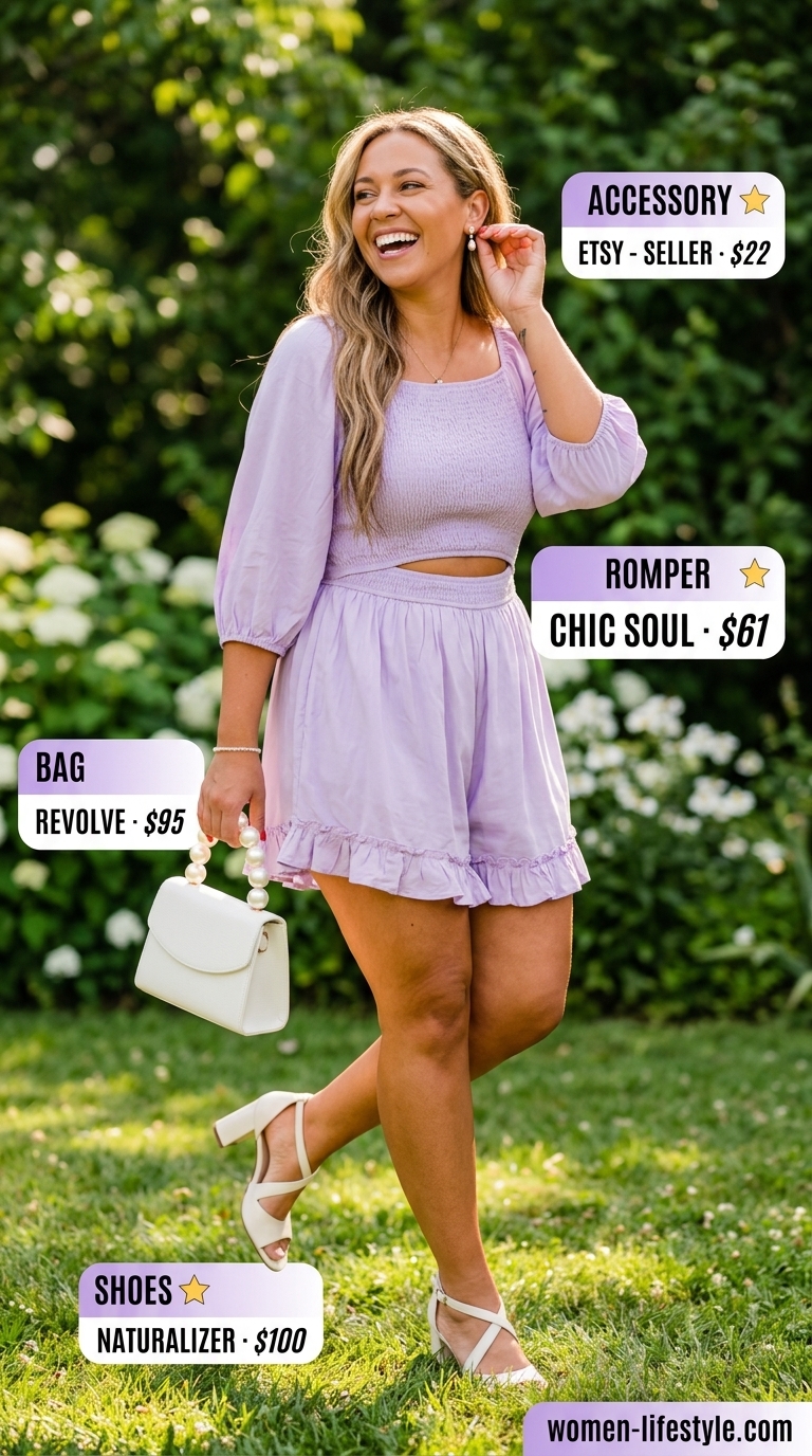 Dressy plus size women summer outfits 2026: Lavender tailored romper for summer brunch. Playful and charming.