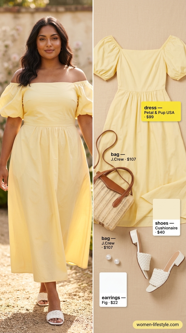 Dressy plus size women summer outfits 2026: Lemon yellow midi dress for summer brunch. Cheerful and fresh.