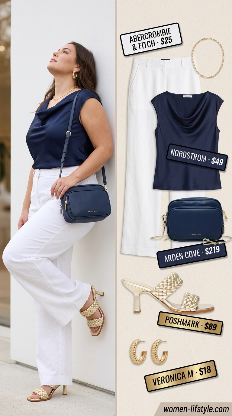 Dressy plus size women summer outfits 2026: Navy wide-leg trousers for summer dinner date. Sophisticated and chic.