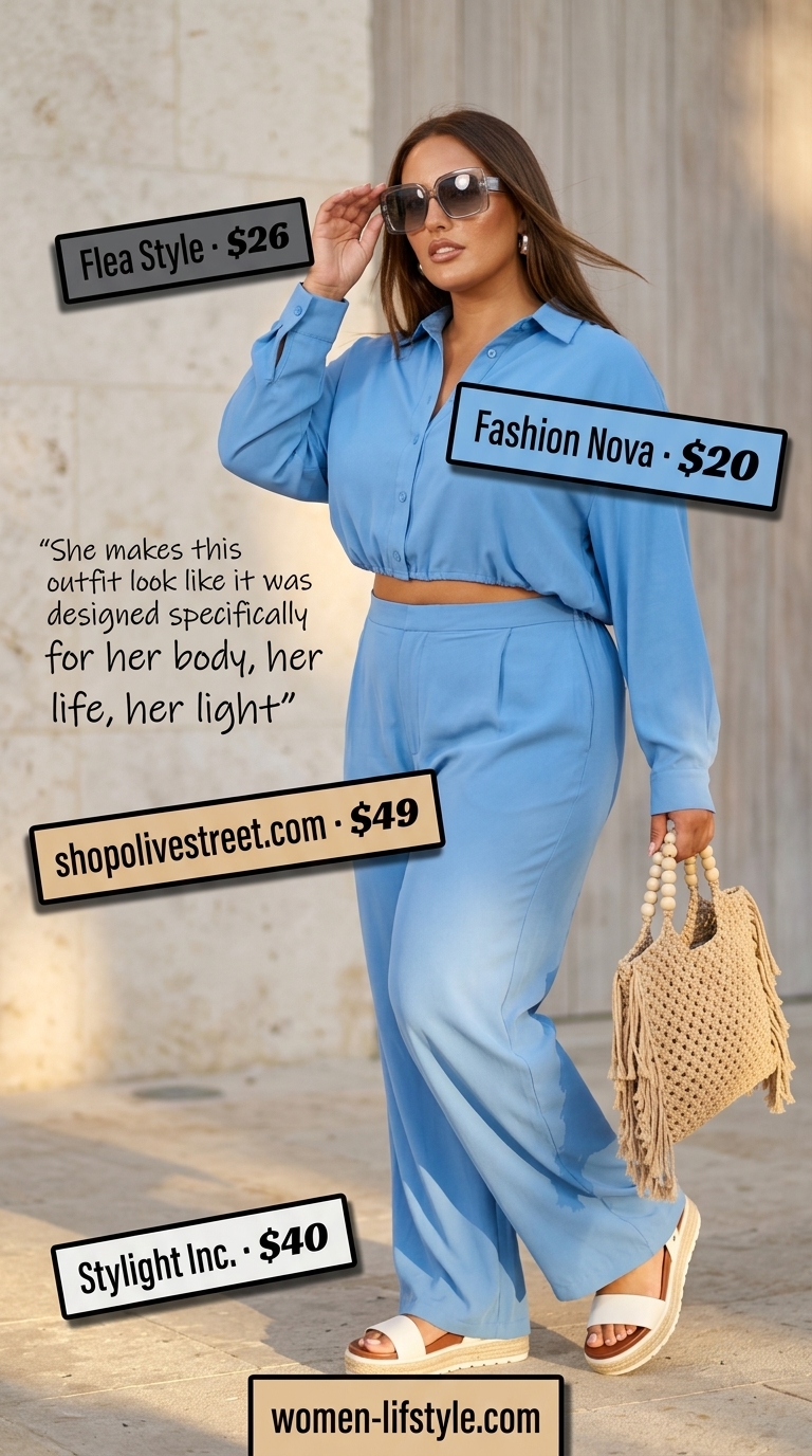 Plus size linen blend matching set for a resort lunch outfit 2026. Sky blue and white.