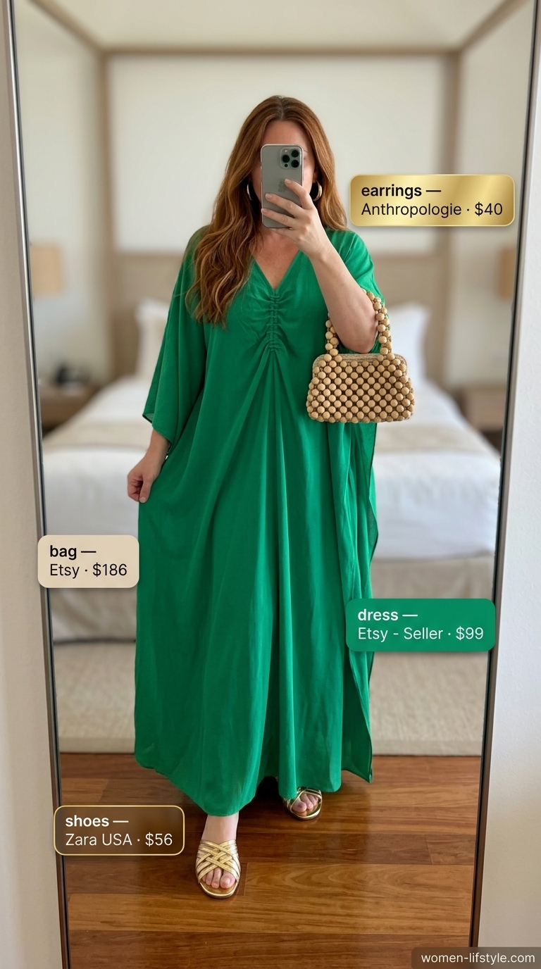 Plus size emerald green caftan dress for a resort dinner outfit 2026. Emerald green, gold, wood.