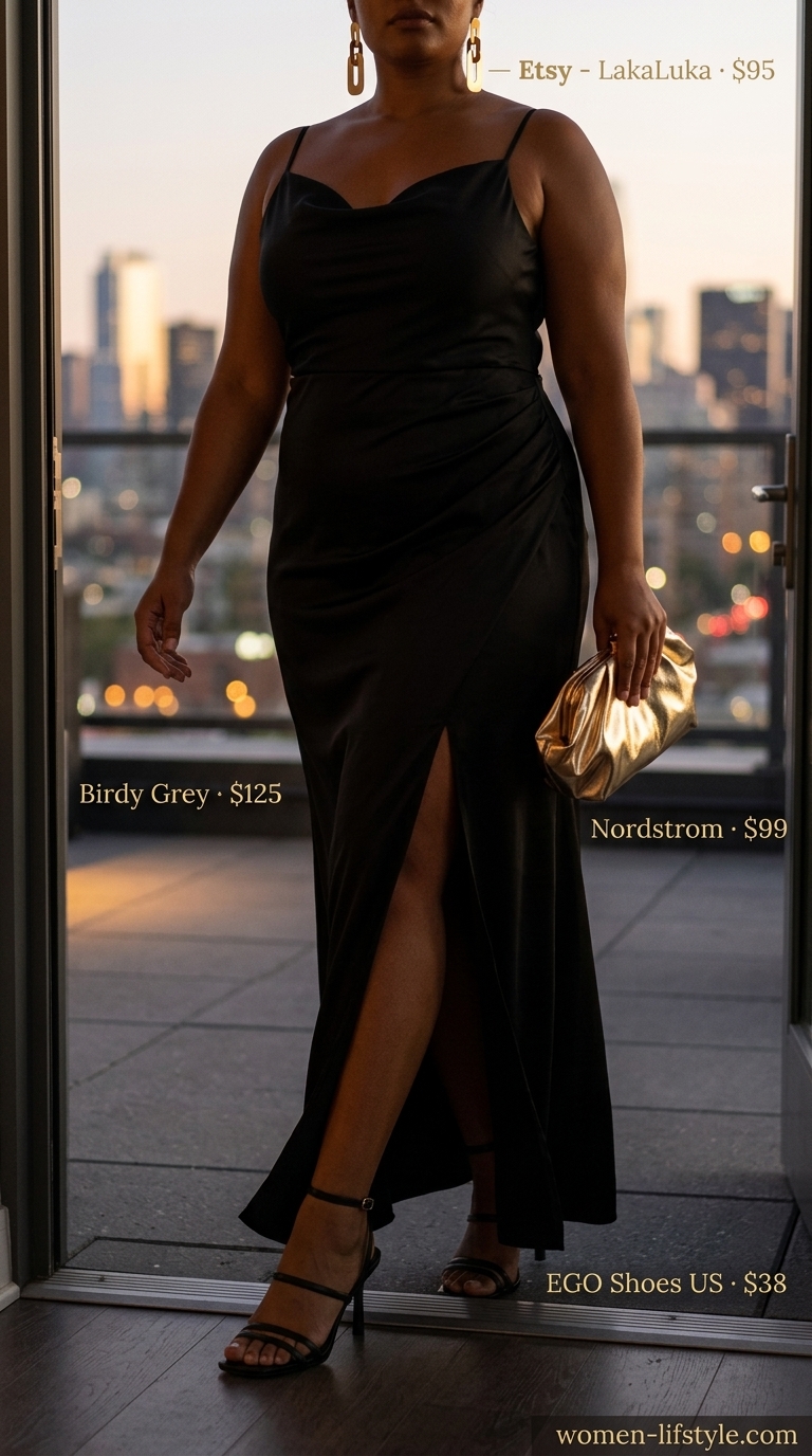 Plus size black satin slip dress for a glamorous rooftop dinner outfit 2026. Black and gold.