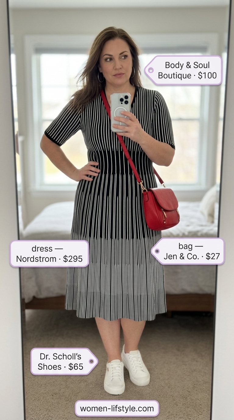 Sophisticated plus size black and white striped midi dress for urban outfits 2026.
