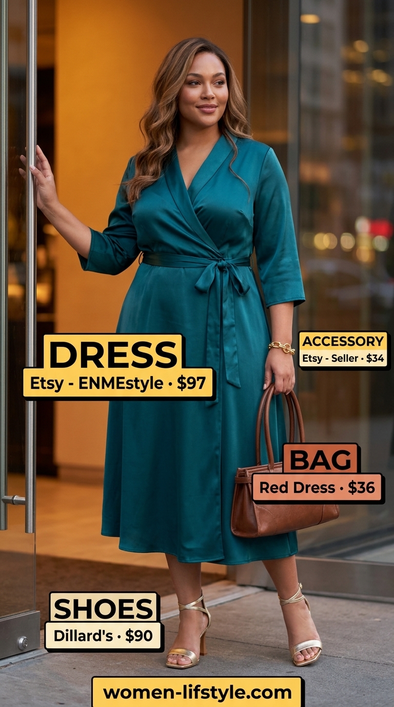 Dressy plus size women summer outfits 2026: Teal matte satin wrap midi dress for date night. Romantic and luxurious.